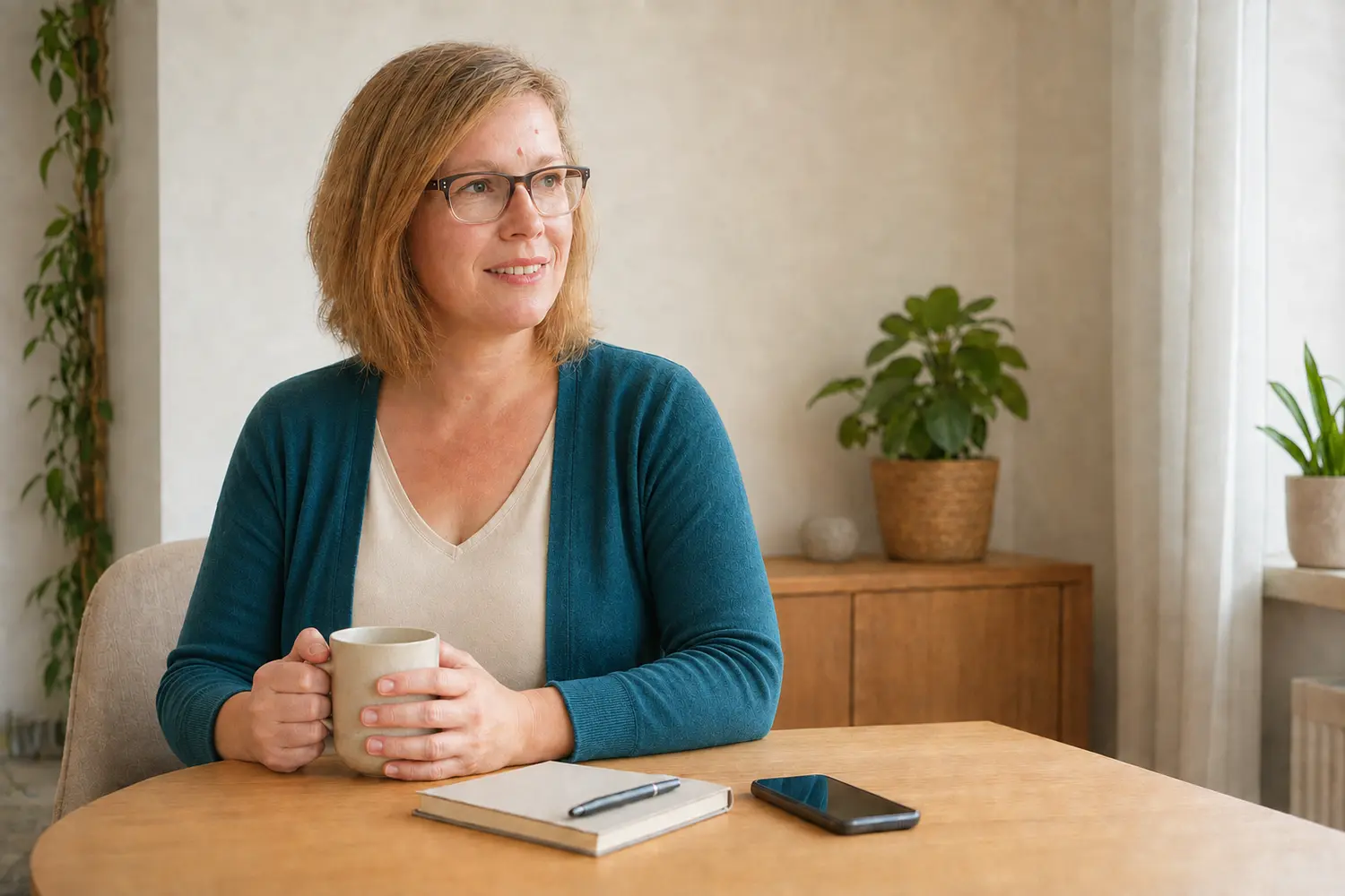 Sabrina Wachter mit einer Tasse und einem Notizbuch