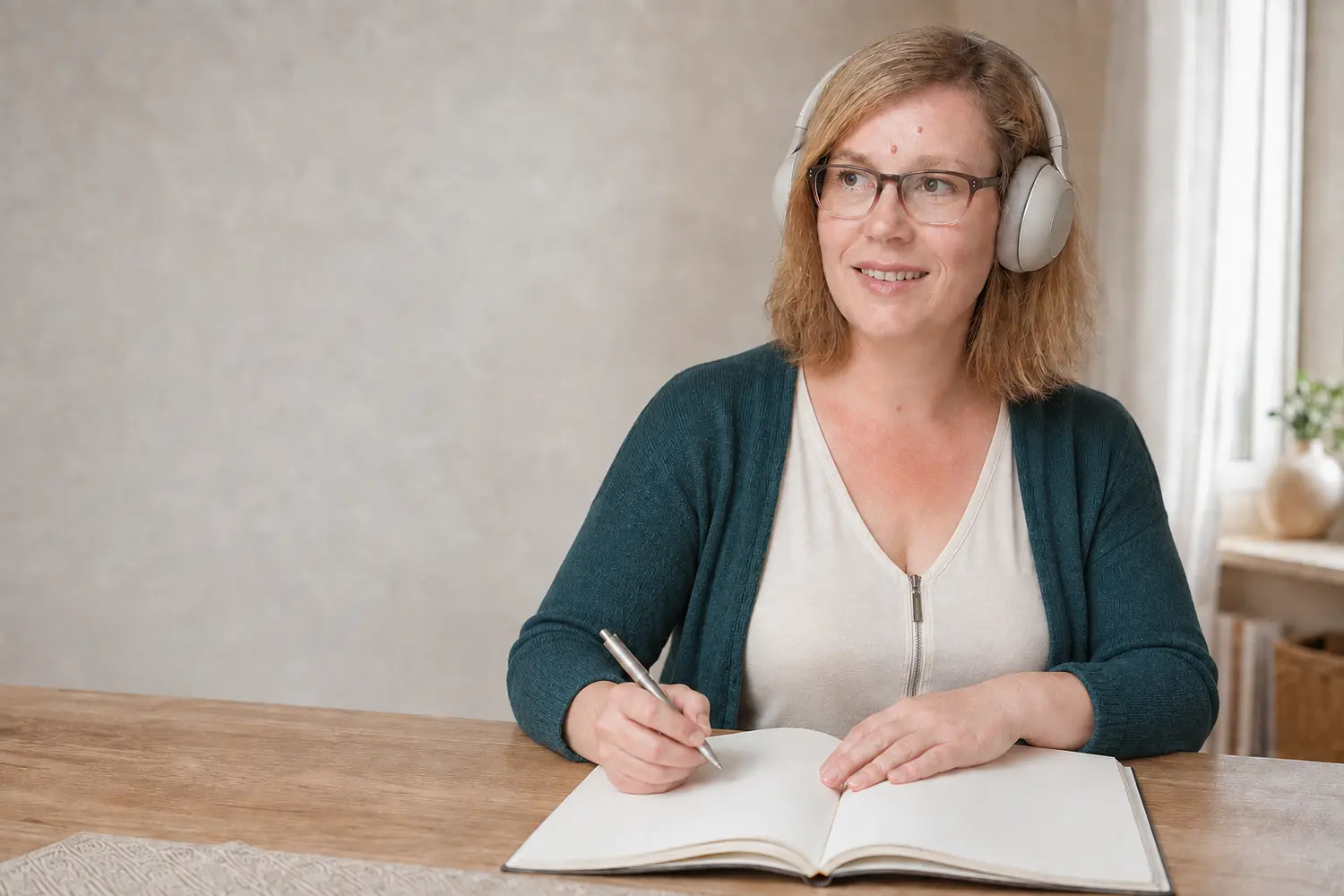 Sabrina Wachter mit Kopfhörern und einem geöffneten Notizbuch